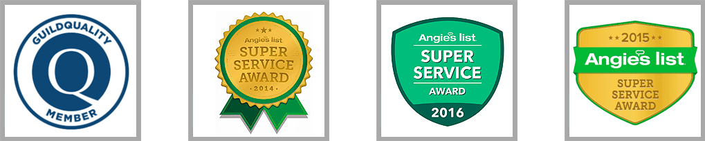 Four service award badges: GuildQuality Member, Angie’s List Super Service Award 2014, Angie’s List Super Service Award 2016, and Angie’s List Super Service Award 2015.