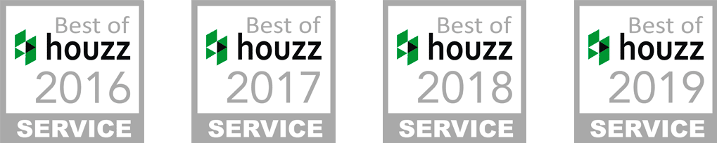 Four Best of Houzz Service award badges for the years 2016, 2017, 2018, and 2019, each featuring the Houzz logo and text in gray, white, green, and black.