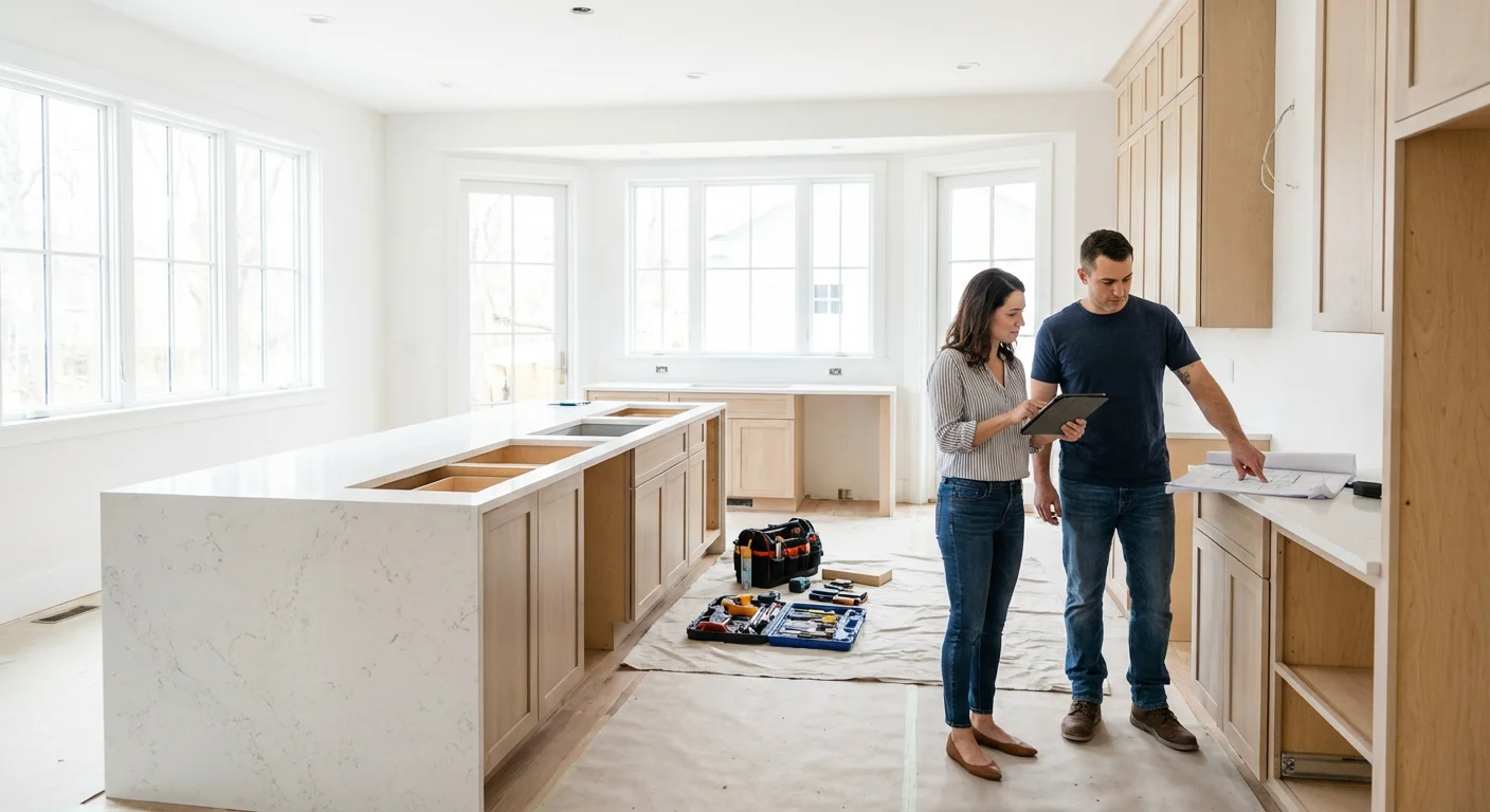 A woman and a man stand in a bright, unfinished kitchen with new cabinets. The man points to a countertop while the woman holds a tablet. Tools and toolboxes are on the floor, suggesting ongoing renovations.