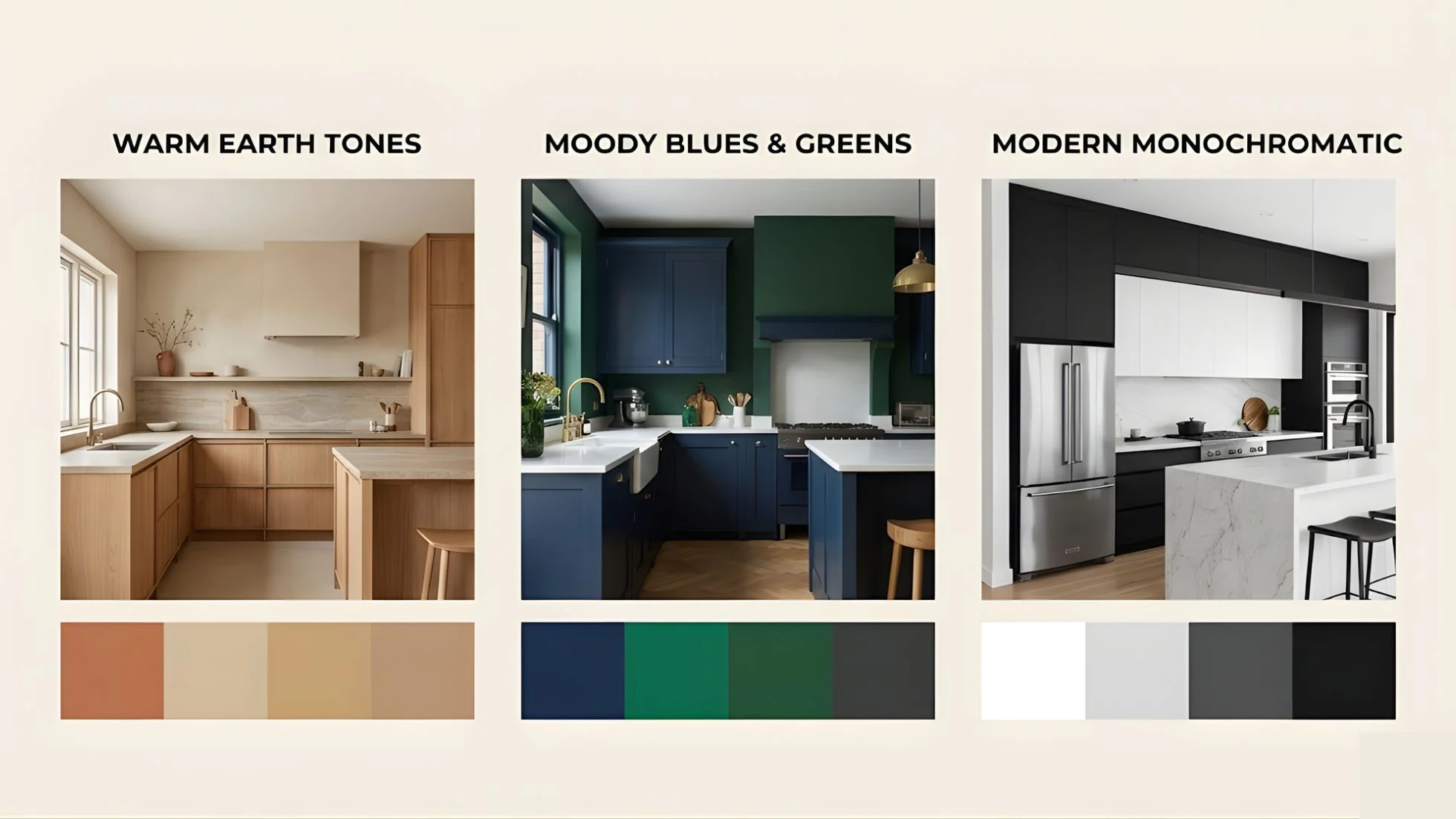 Three kitchen designs: one with warm earth tones and wood cabinets, one with dark blue and green cabinets, and a modern black, white, and gray style—each offers kitchen color ideas with a matching paint color inspiration palette below.
