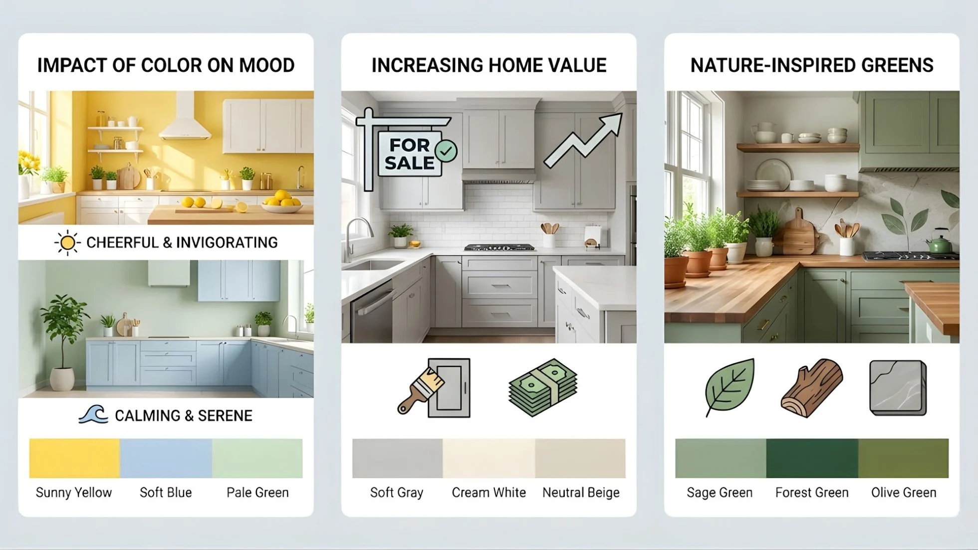 An infographic offers paint color inspiration, showing how paint colors affect mood, home value, and décor. It features sunny yellow for cheer, gray for value, and sage or olive green as kitchen color ideas for a nature-inspired look.