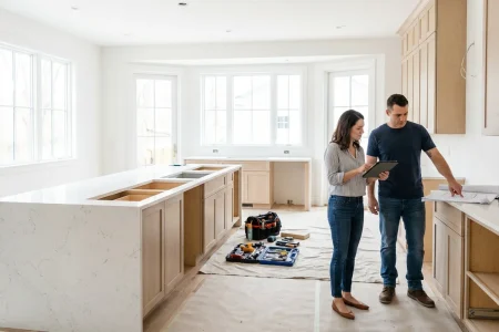 A woman and a man stand in a bright, unfinished kitchen with new cabinets. The man points to a countertop while the woman holds a tablet. Tools and toolboxes are on the floor, suggesting ongoing renovations.