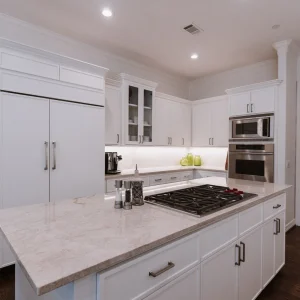 Modern white kitchen with a large island featuring a built-in gas stove, marble countertops, stainless steel appliances, glass-front cabinets, and a door leading outside. The space is bright and tidy.