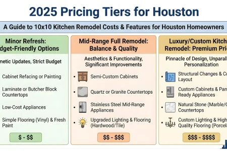 Infographic showing 2025 Houston kitchen remodel pricing tiers: Budget ($), Mid-Range ($$-$$$), and Luxury ($$$-$$$$), with lists of typical features and 10x10 kitchen remodel costs at each renovation level.