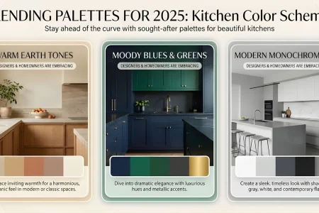 Image displays three trending kitchen color palettes for 2025, offering paint color inspiration: Warm Earth Tones, Moody Blues & Greens, and Modern Monochromatic, each shown with a kitchen photo and descriptive text about their appeal.